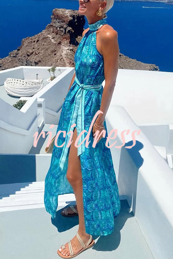 Unique Print Sexy Off-the-shoulder Waist Tie Slit Holiday Midi Dresses