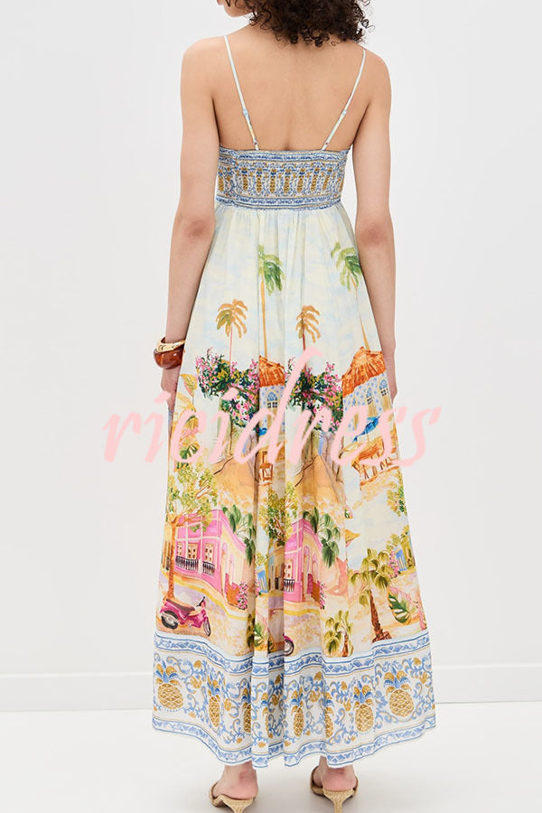Aracati Multicolor Unique Print Back Smcoked Pocket Maxi Dress
