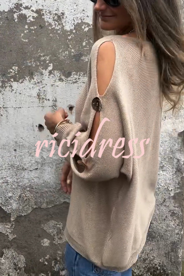 Solid Color Round Neck Hollow Long Sleeve Loose Knitted Sweater