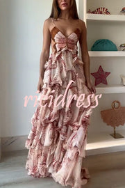 Ariae Butterfly Print Multi-layered Ruffles Backless Tie-up Maxi Dress