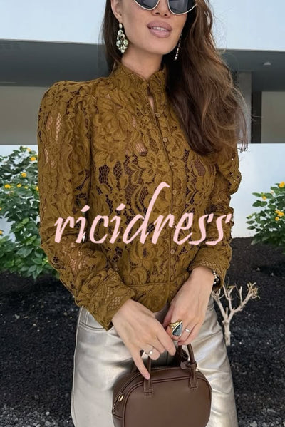 Palace Style Crochet Flower Lace Stand Neck Button Puff Sleeve Jacket