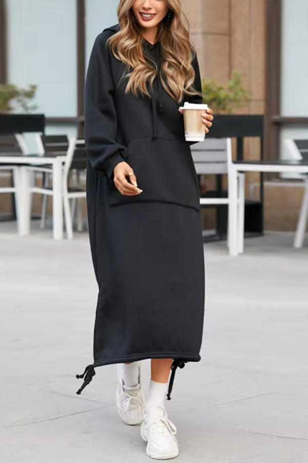 Solid Color Casual Hooded Lace-up Pocket Sweatshirt Style Midi Dress