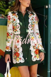 Botanical Floral Print Tie-waist Long-sleeved Single-breasted Mini Dress