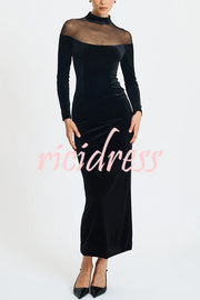 Fashionable Velvet and Mesh Spliced long-sleeved Slim-fit Maxi Dress
