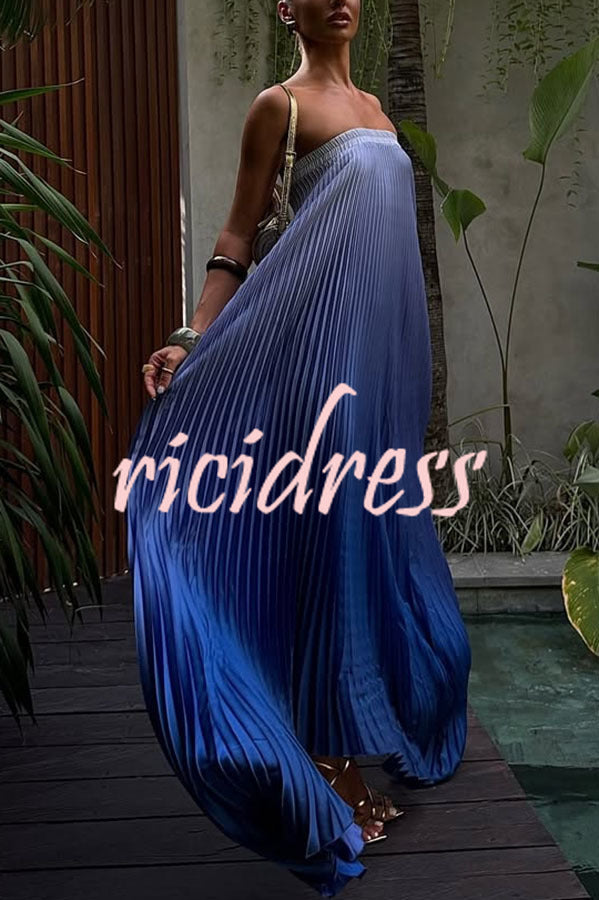 Really Special Pleated Gradient Print Elastic Bust Strapless A-line Maxi Dress
