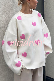 Fashionable Embroidered Love Loose Round Neck Long Sleeve Knitted Sweater