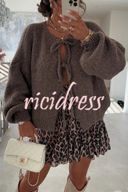 Solid Color Long-sleeved V-neck Lace-up Loose Knitted Sweater
