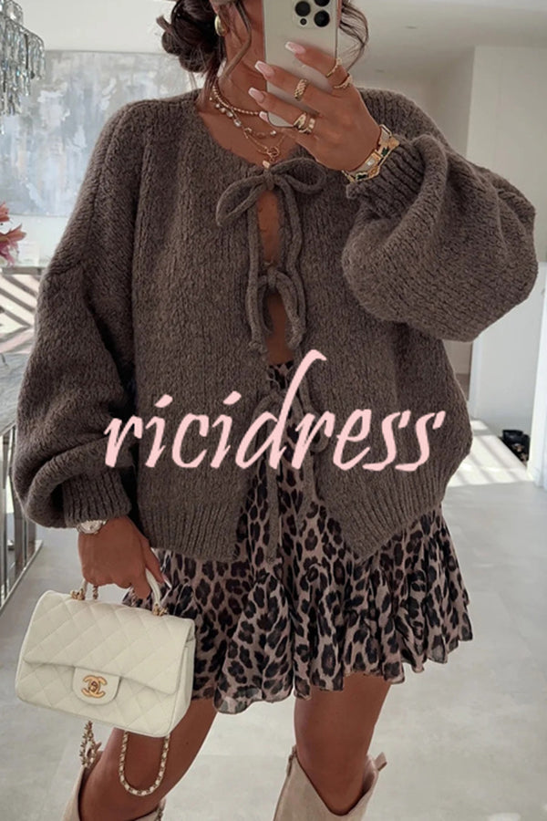 Solid Color Long-sleeved V-neck Lace-up Loose Knitted Sweater