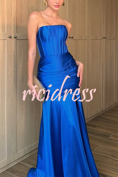 Feel Grand Satin Off Shoulder Corset Ruched Slit Maxi Dress