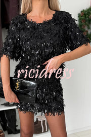 Polished Uptown Sequin Tassel Round Neck Short Sleeve Top and Elastic Waist Mini Skirt Set