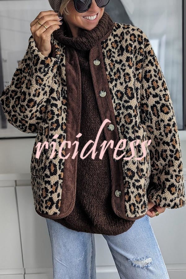 Warm Feel Colorblock Leopard Print Plush Button Up Pocketed Teddy Jacket