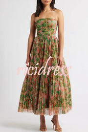 Romantic Factor Pleated Mesh Watercolor Print Bow Detail Strapless Maxi Dress