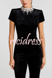 Lucia Luxurious Velvet Jewel-encrusted Turtleneck Short Sleeve Flare Stretch Jumpsuit