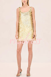 Golden Charm Impact Large Sequins Scoop Neck Tank A-line Mini Dress