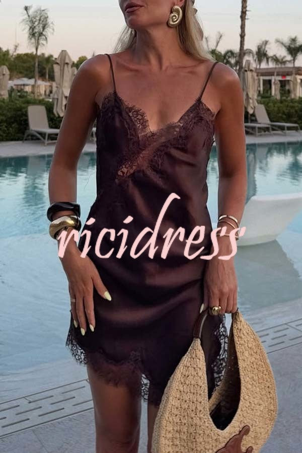 Elouise Satin Lace Trim V-neck Asymmetrical Hem Slip Mini Dress