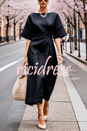 Solid Color Round Neck Half Sleeve Casual Waist Midi Dress
