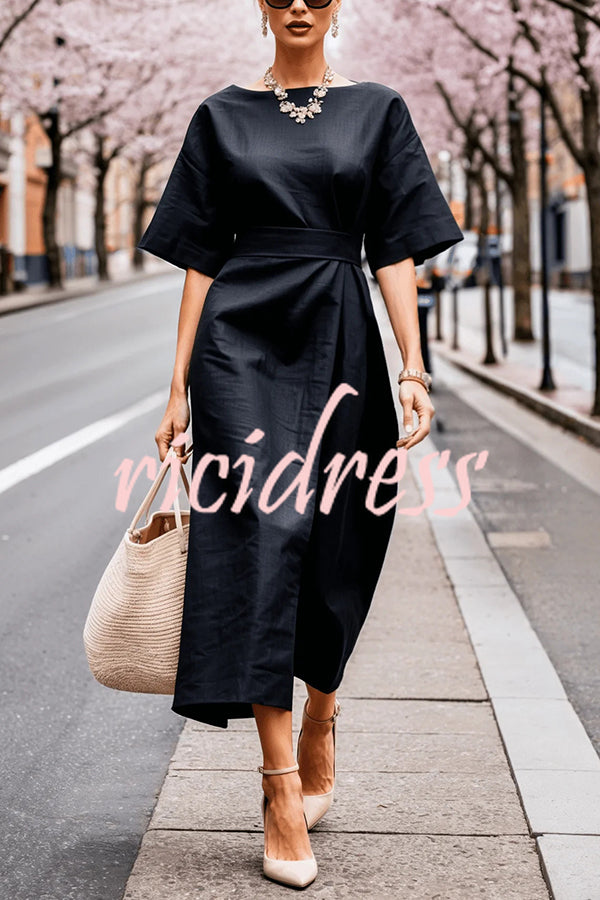 Solid Color Round Neck Half Sleeve Casual Waist Midi Dress