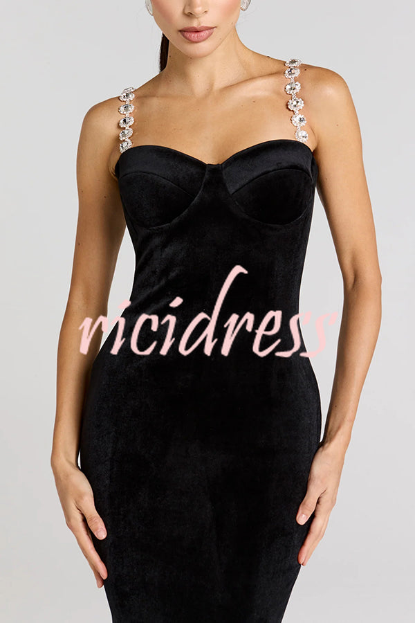 Harley Luxurious Velvet Fabric Jewel-embellished Shoulder Straps Midi Dress