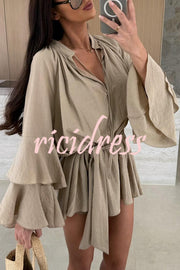 Molly Linen Blend Tiered Bell Sleeve Tie-up Cover-up Mini Dress