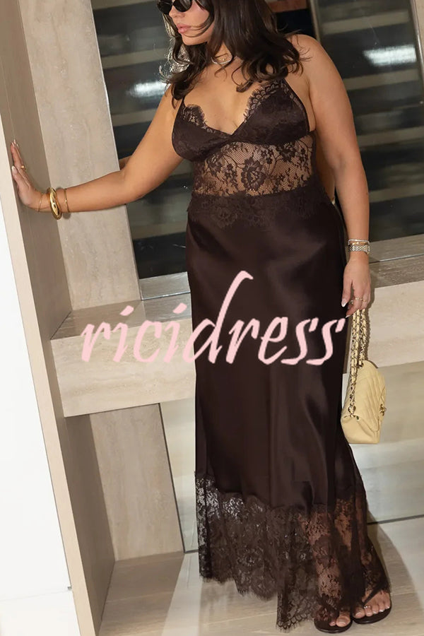 Elegant Evening Satin Lace Patchwork See-through Waist Slip Maxi Dress