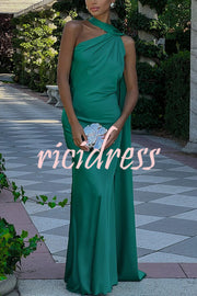 Crush on You Satin One Shoulder Backless Cape Maxi Dress