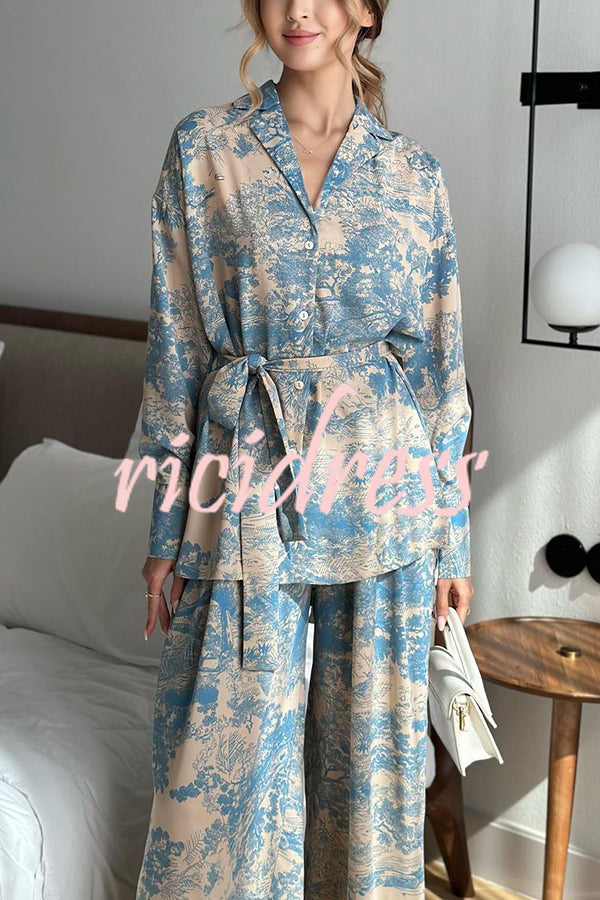 Unique Print Long-sleeved Tie Shirt and Elastic High-waist Wide-leg Pants Set