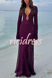 Seaside Goddess Crochet Knit Hollow Out Golden Ring Long Sleeve Cover-up Maxi Dress