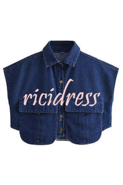 Stylish Weekend Denim Button Up Cape Sleeve Pocket Crop Top