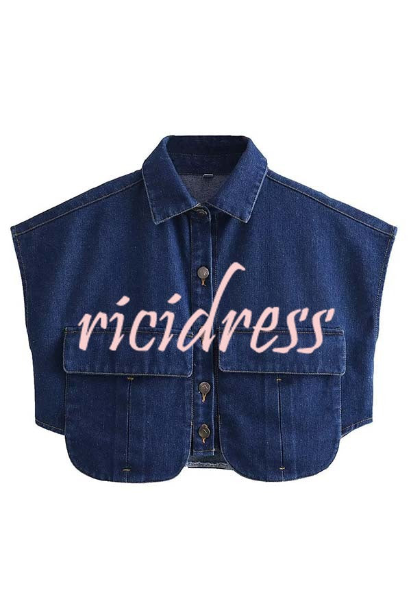Stylish Weekend Denim Button Up Cape Sleeve Pocket Crop Top