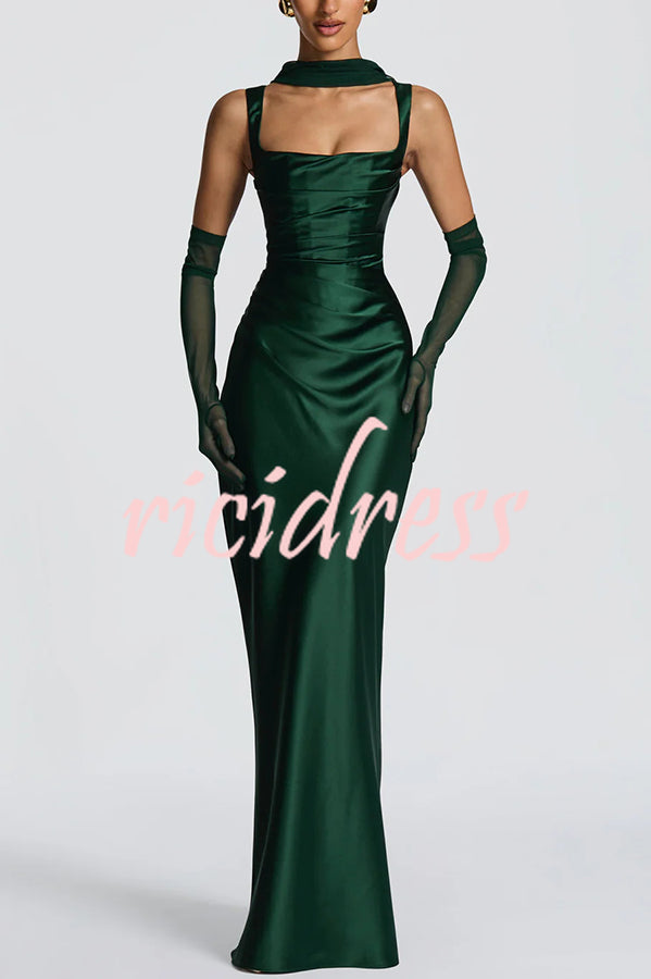 Calanthe Satin Square Neck Ruched Back Lace-up Drape Mesh Scarf Maxi Dress