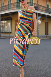 Sunkissed Satin Colourful Stripe Print One Shoulder Midi Dress