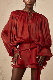 Solid Color Long-sleeved Belted Asymmetrical Mini Dress and Elastic Waist Casual Shorts Set