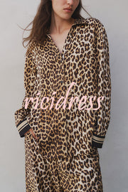 Unique Print Lapel Long Sleeve Loose Shirt and Elastic Waist Casual Pocket Wide Leg Pants Set