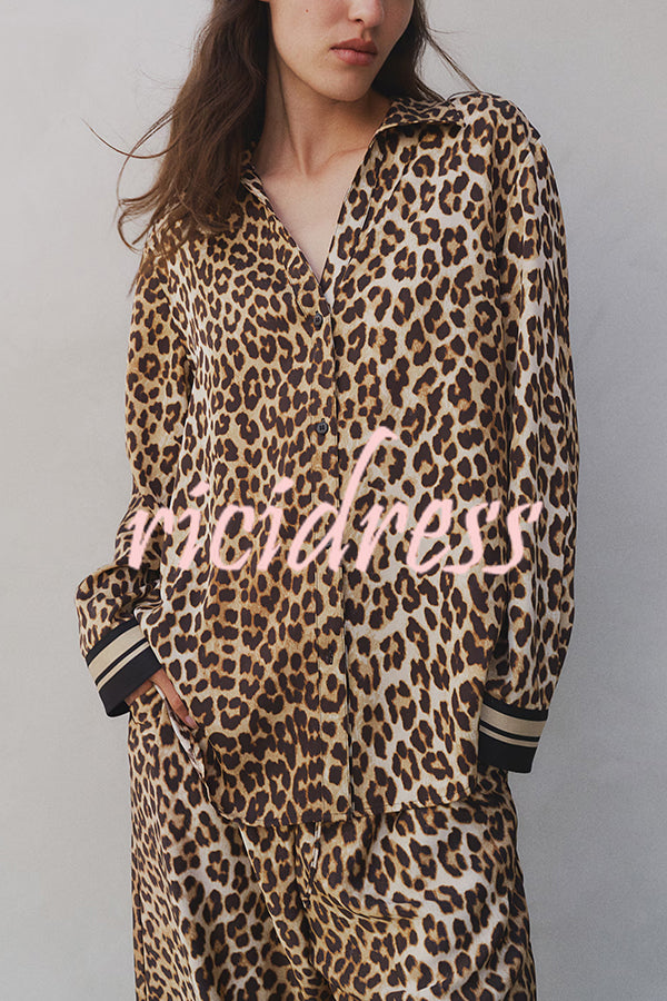 Unique Print Lapel Long Sleeve Loose Shirt and Elastic Waist Casual Pocket Wide Leg Pants Set