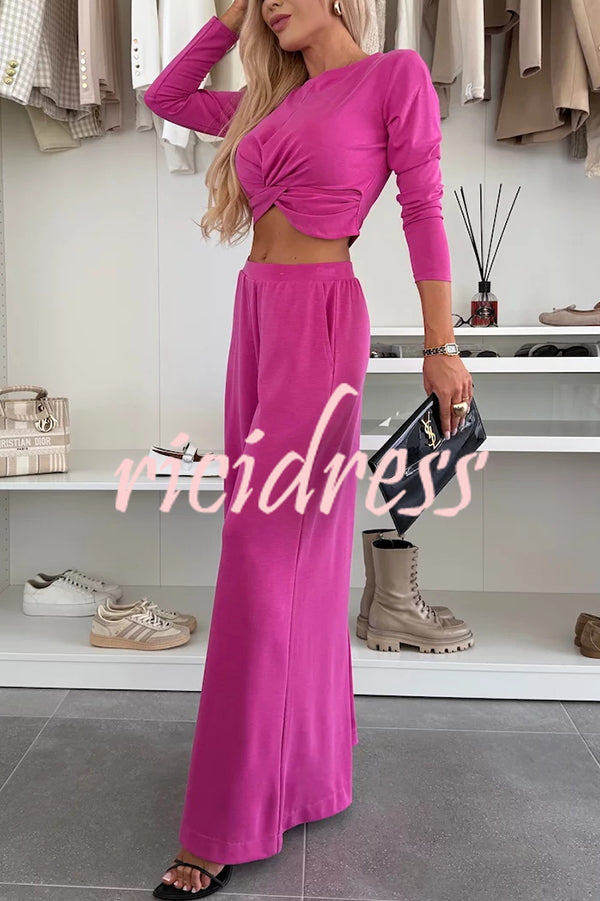 Solid Color Round Neck Long Sleeve Twist Crop Top and Elastic Waist Pocket Wide Leg Pants Set