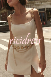 Timeless Exquisite Tweed Fabric Metal Coin Chain Detail Slip Mini Dress