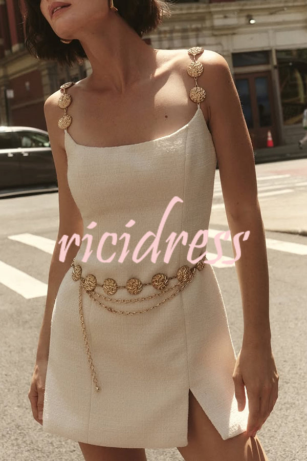 Timeless Exquisite Tweed Fabric Metal Coin Chain Detail Slip Mini Dress