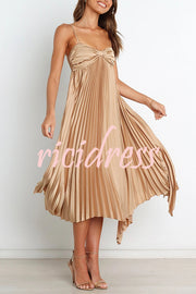 Solid Color Sexy Suspender Pleated Irregular Midi Dress