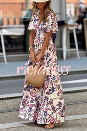 Unique Print V-Neck Waist Holiday Maxi Dress