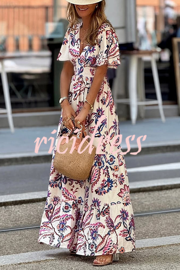 Unique Print V-Neck Waist Holiday Maxi Dress