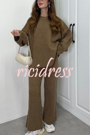 Solid Color Loose Long-sleeved Knit Top and Elastic Waist Casual Straight Leg Pants Set