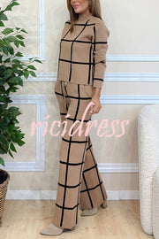 Fashionable Plaid Turtleneck Long Sleeve Top and Elastic Waist Tie Pocket Pants Set