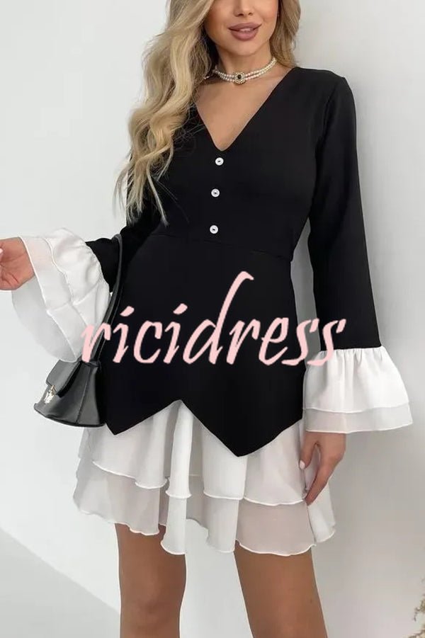 Fashionable Contrast Color Panel Long Sleeve Ruffled Mini Dress