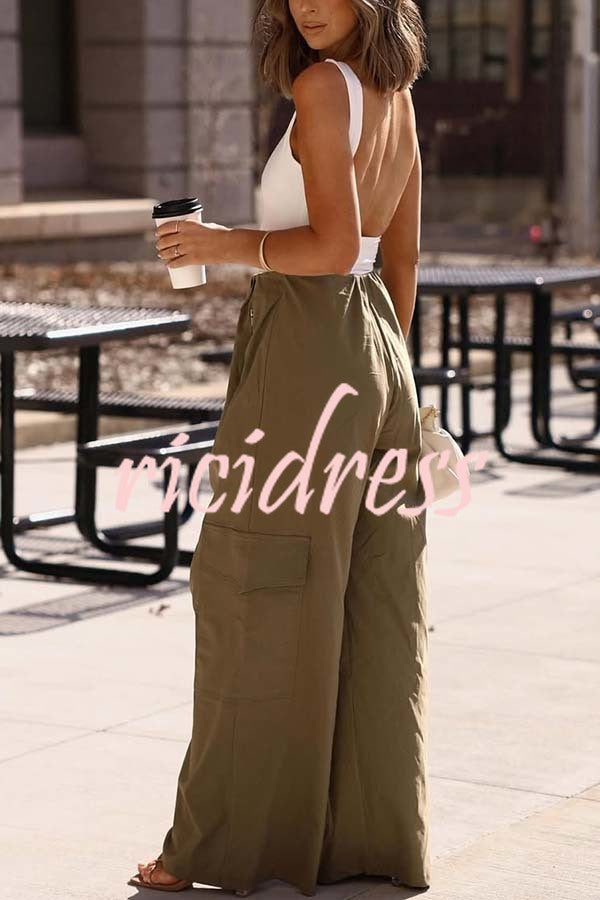Great Week Pleated Elastic Waist Zipper Pocket Wide Leg Cargo Pants