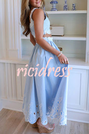 Perfect Vacation Embroidered Trim Crop Tank and Elastic Waist A-line Maxi Skirt Set