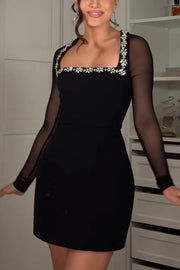 Emmey Jewel Embellished Trim Square-Neck Mesh Long Sleeve Mini Dress