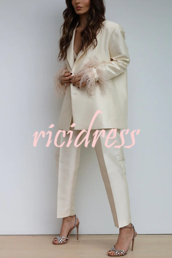 Chic Affair Satin Feather Trim Lapel Loose Blazer and High Rise Pocket Tapered Pants Set