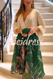 Tessy Batwing Sleeve Top and Floral Elastic Waist Pearls Detail High Low Midi Skirt Set