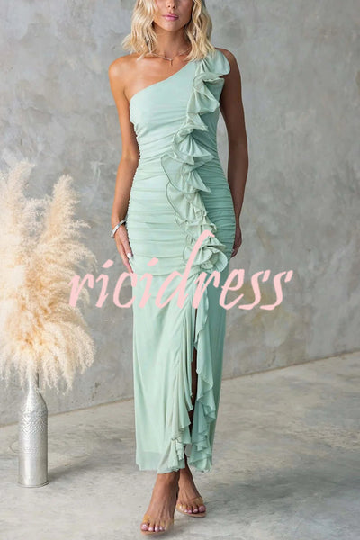 Fashion One-shoulder Pleated Sexy High Slit Slim Dress
