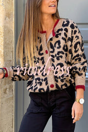 Leopard Print Crew Neck Long-sleeved Loose Knit Cardigan